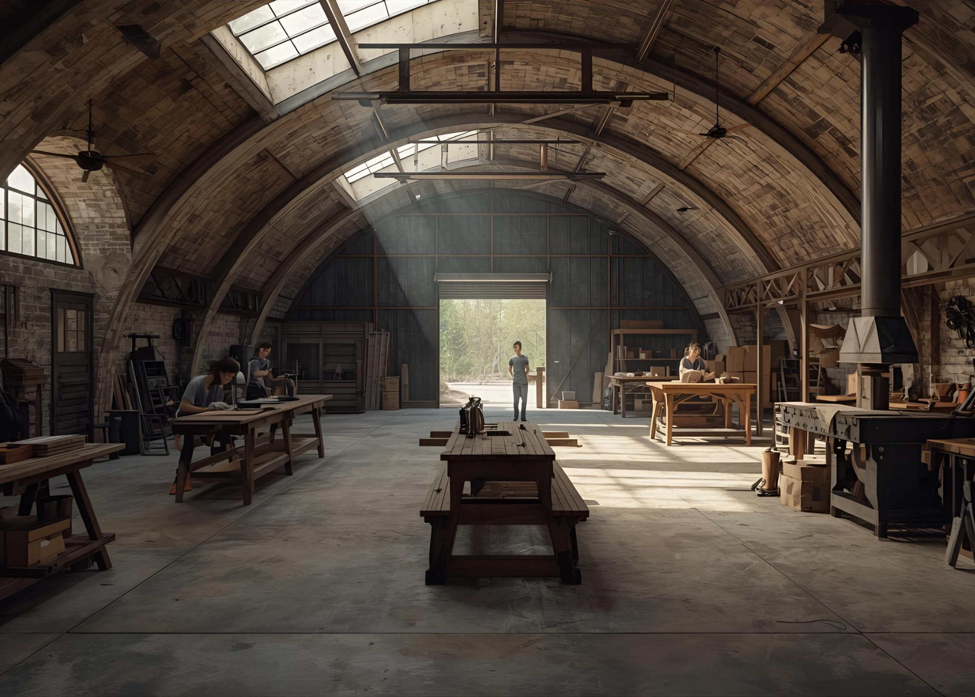 A bright and airy workshop space with large windows and wooden workbenches.